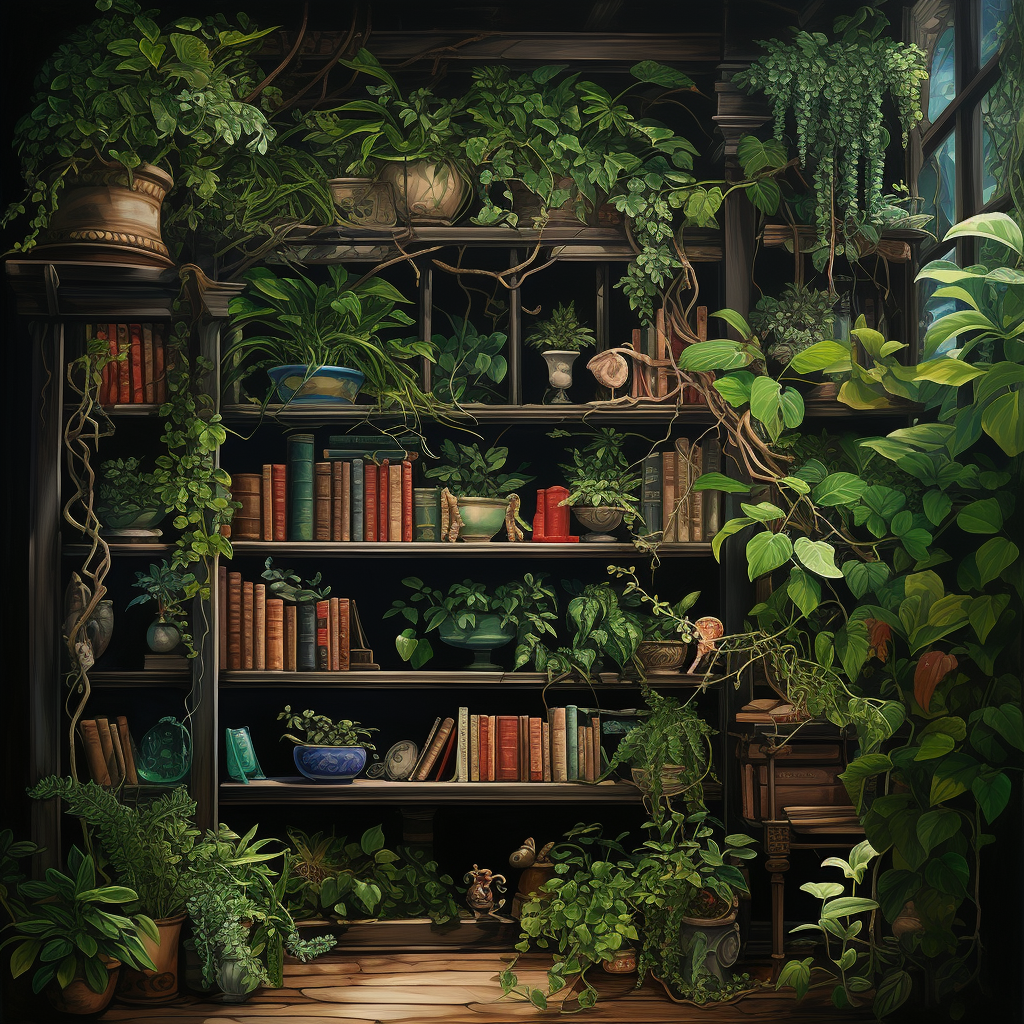 AI art depicting overgrown bookshelves