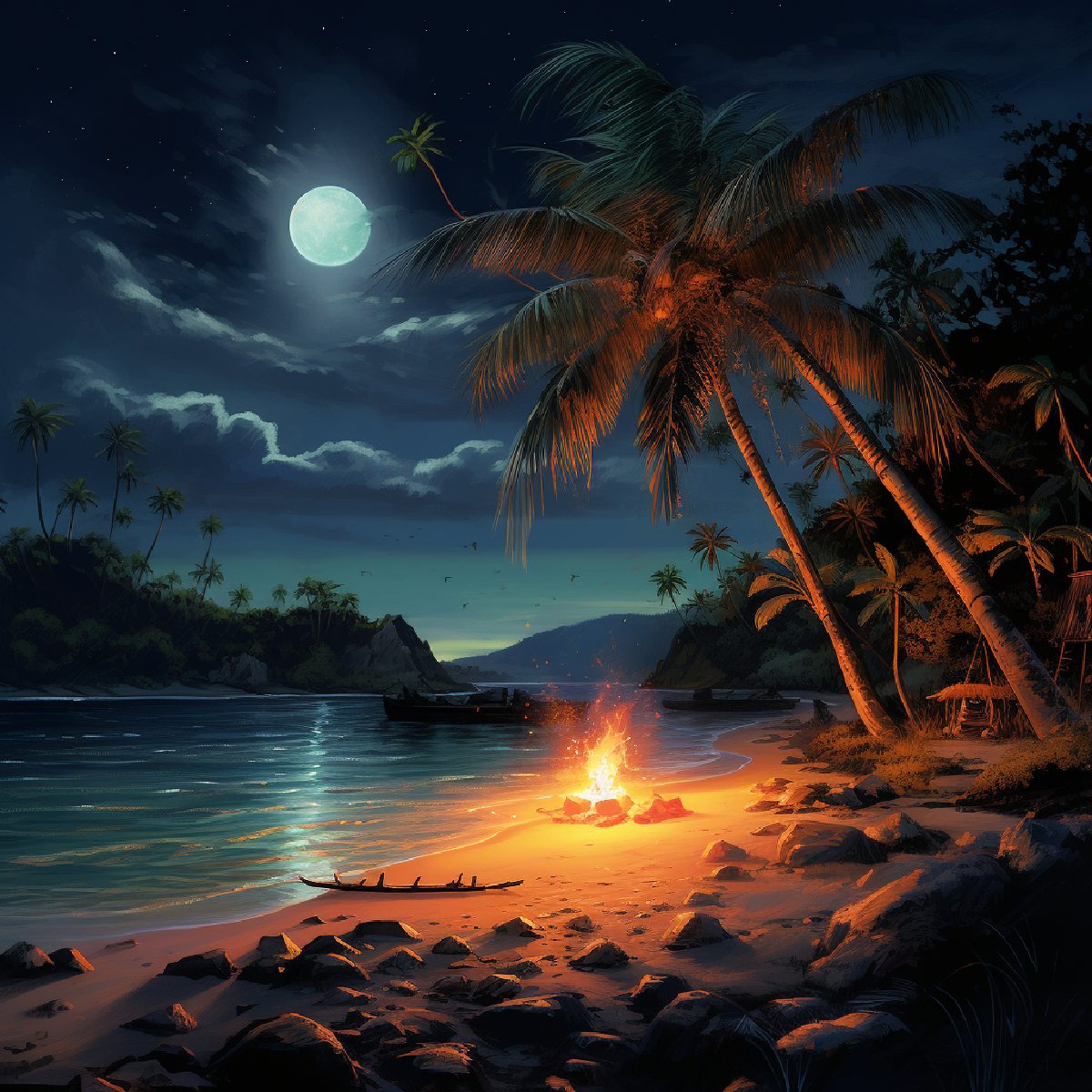 Illustration of campfire on a tropical beach